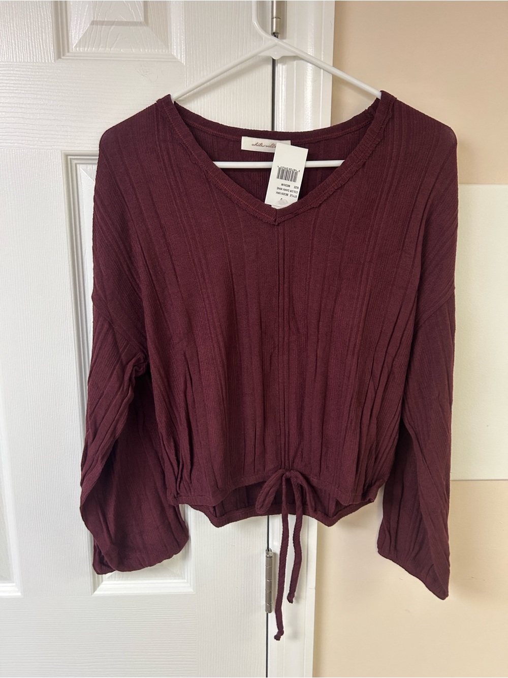 NWT White Willow long-sleeve V-neck top drawstring hem and balloon sleeves